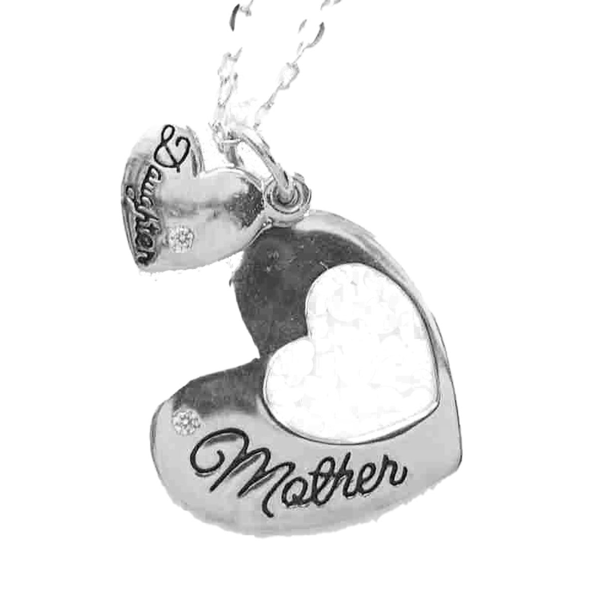 Elegant Sterling Silver Pendant with Mother and Daughter Hearts on 18" Curb Chain
