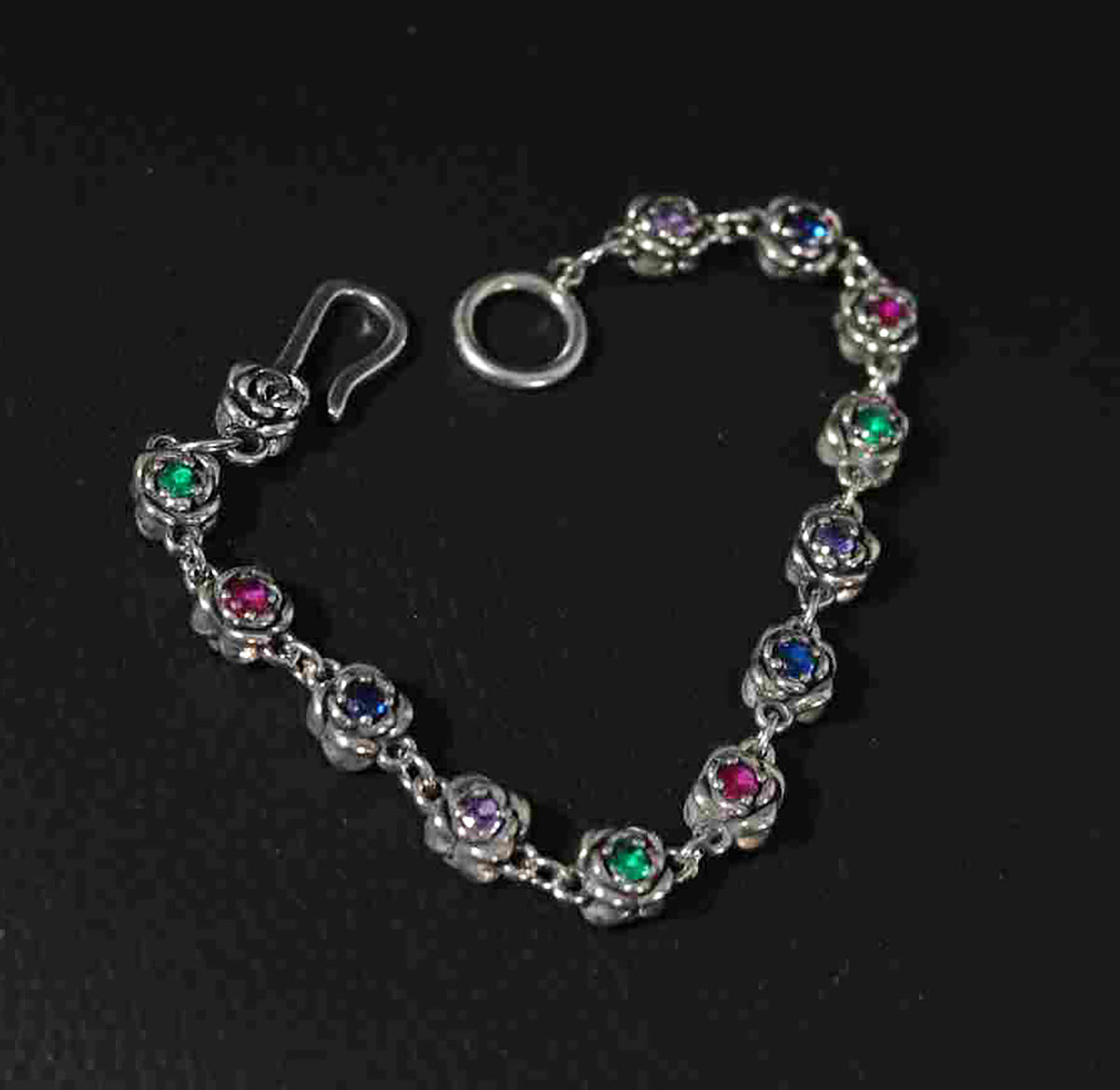Floral Sterling Silver Bracelet with 3D Rose Link & Color Stones