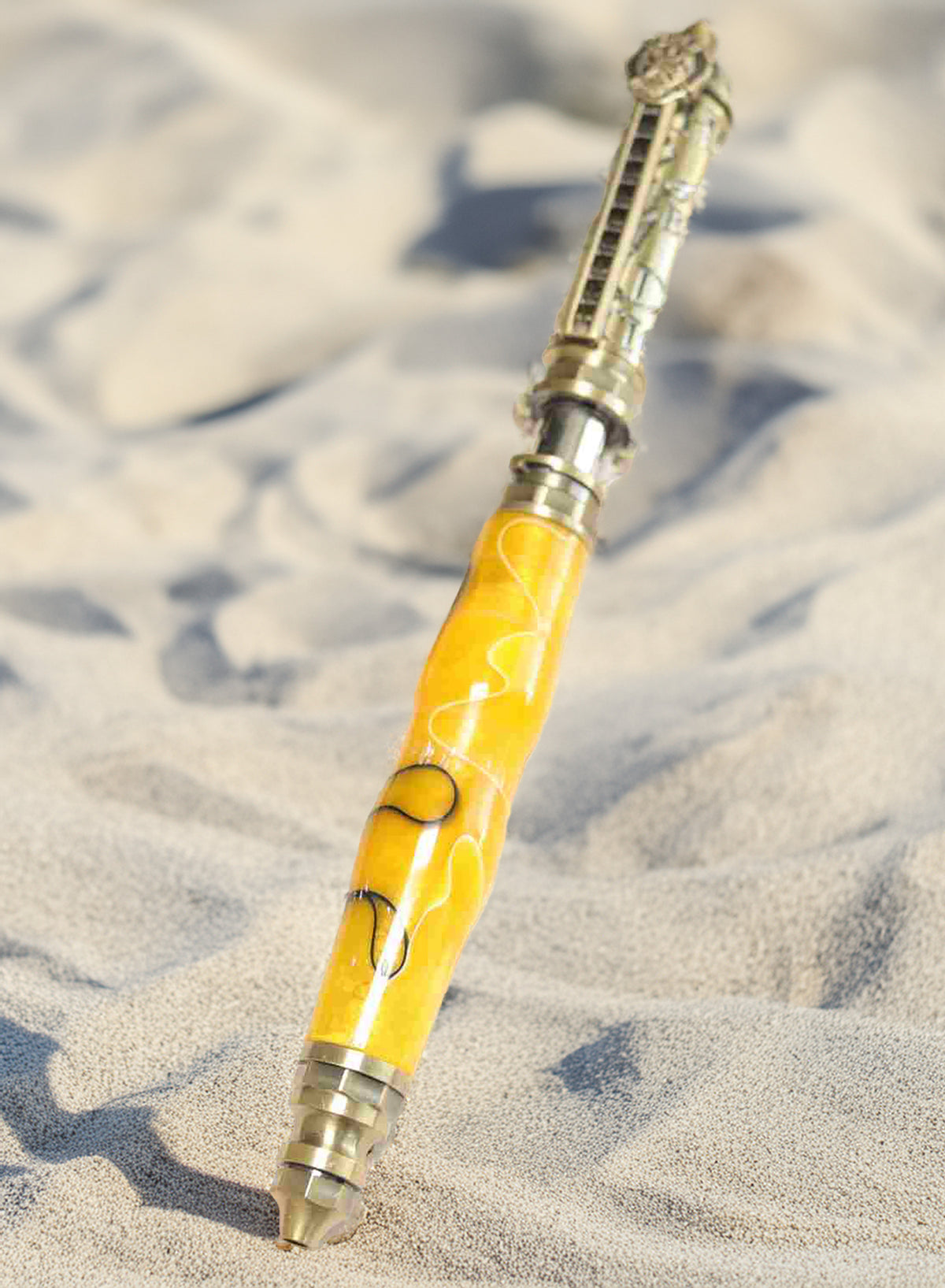 Handcrafted Yellow & Black Acrylic Firefighter Twist Pen with Antique Brass Finish – Made in USA