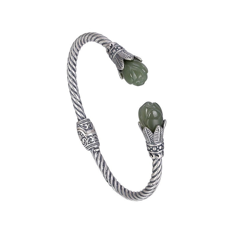 Elegant Sterling Silver Open Bangle Bracelet with Natural Jade