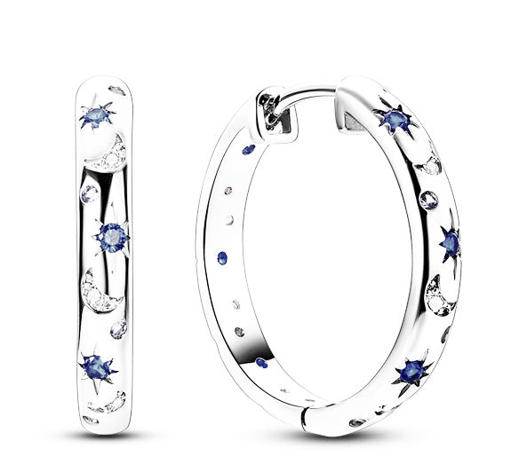 Elegantly Styled Sterling Silver Hoop Earrings with White & Blue CZ Stones 21.0mm Round Hoop and 3.25mm wide