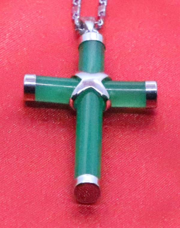 Elegant Sterling Silver Light Green Jade Cross Pendant with Chain