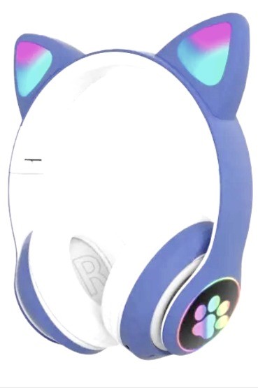 Cute Cat Ear Headphones With Wireless Bluetooth Noise Cancelling Microphone & LED Lights- Blue