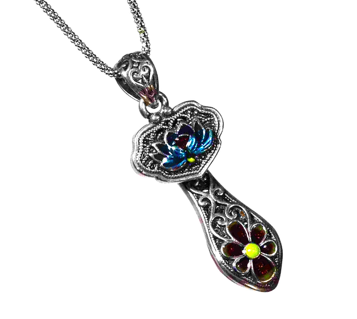 Blossom of Eternity Sterling Silver Enamel Lotus Pendant - 20 inches