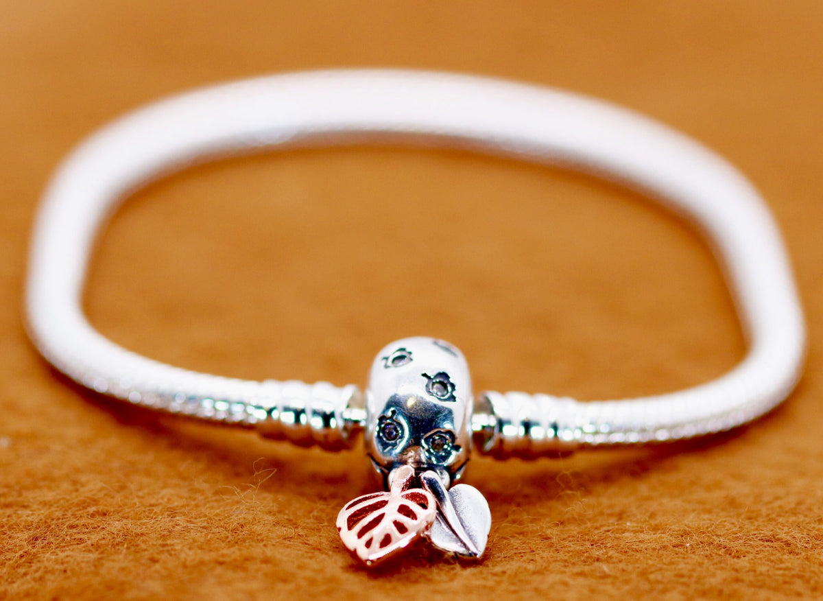 Sterling Silver Flexible Snake Charm Bracelet with Crab Accented with Blue Stone, Open Heart Charm, And Solid Heart Shaped Bead Charms Accented with High Polished Clasp CZ & Two Hanging Leaves