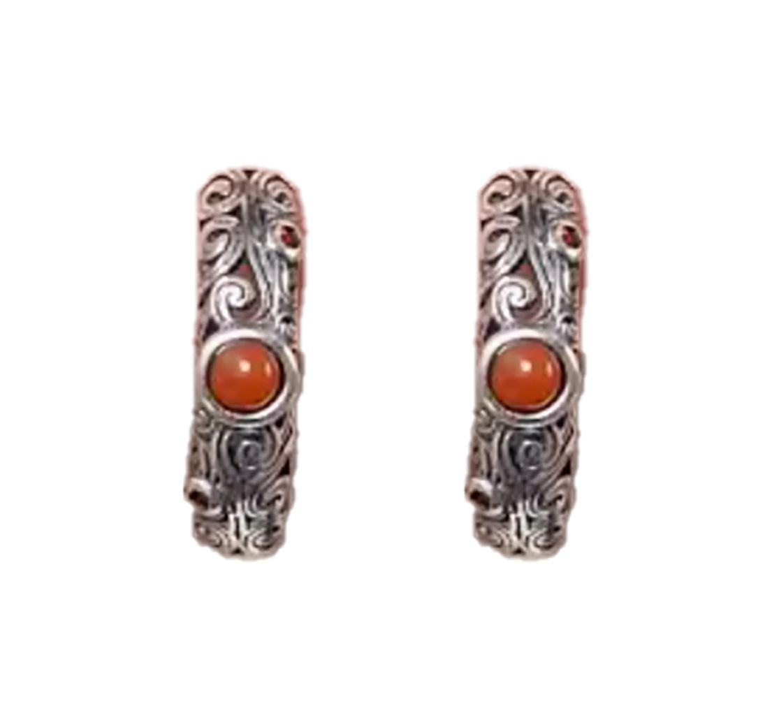 Classy Sterling Silver 15.5mm Hoop Earrings with Intricate Detailing and Bold Red Stone