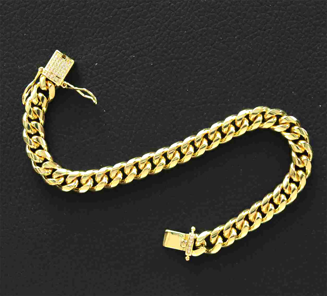 Gold-Plated Stainless Steel 8mm Cuban Link Miami Style Bracelet with CZ Slide Safety Clasp