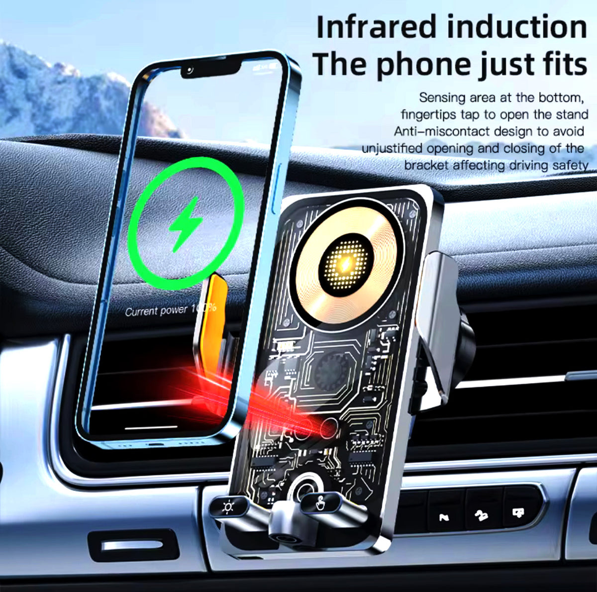 Hi-Tech Wireless Infrared Auto Clamp Car Charger – Fast Qi Charging, Smart Sensor, Touch Control, Built-In Battery, 15W/66W Support