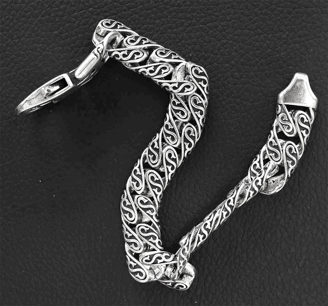 Stainless Steel 11.5mm Flat Link Bracelet with Intricate Detailing and Sterling Silver Plating