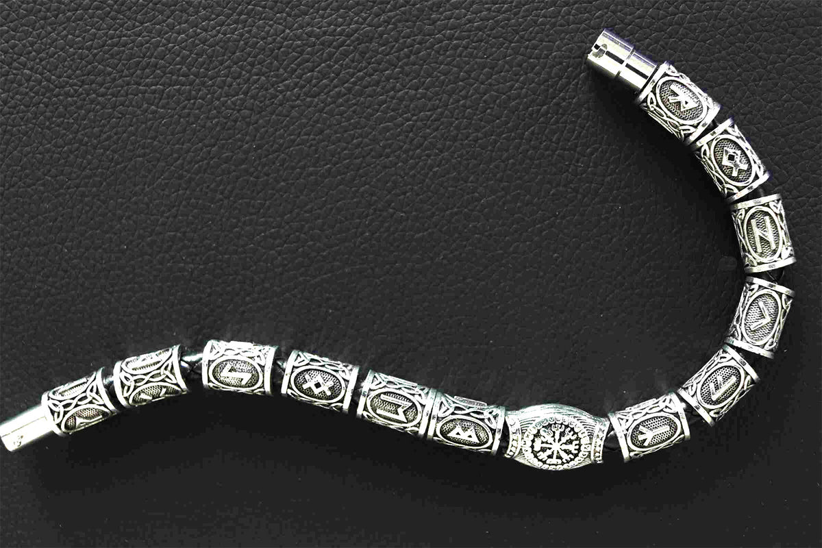 Stainless Steel Men’s Braided Leather Bracelet with 13 Norse Runes
