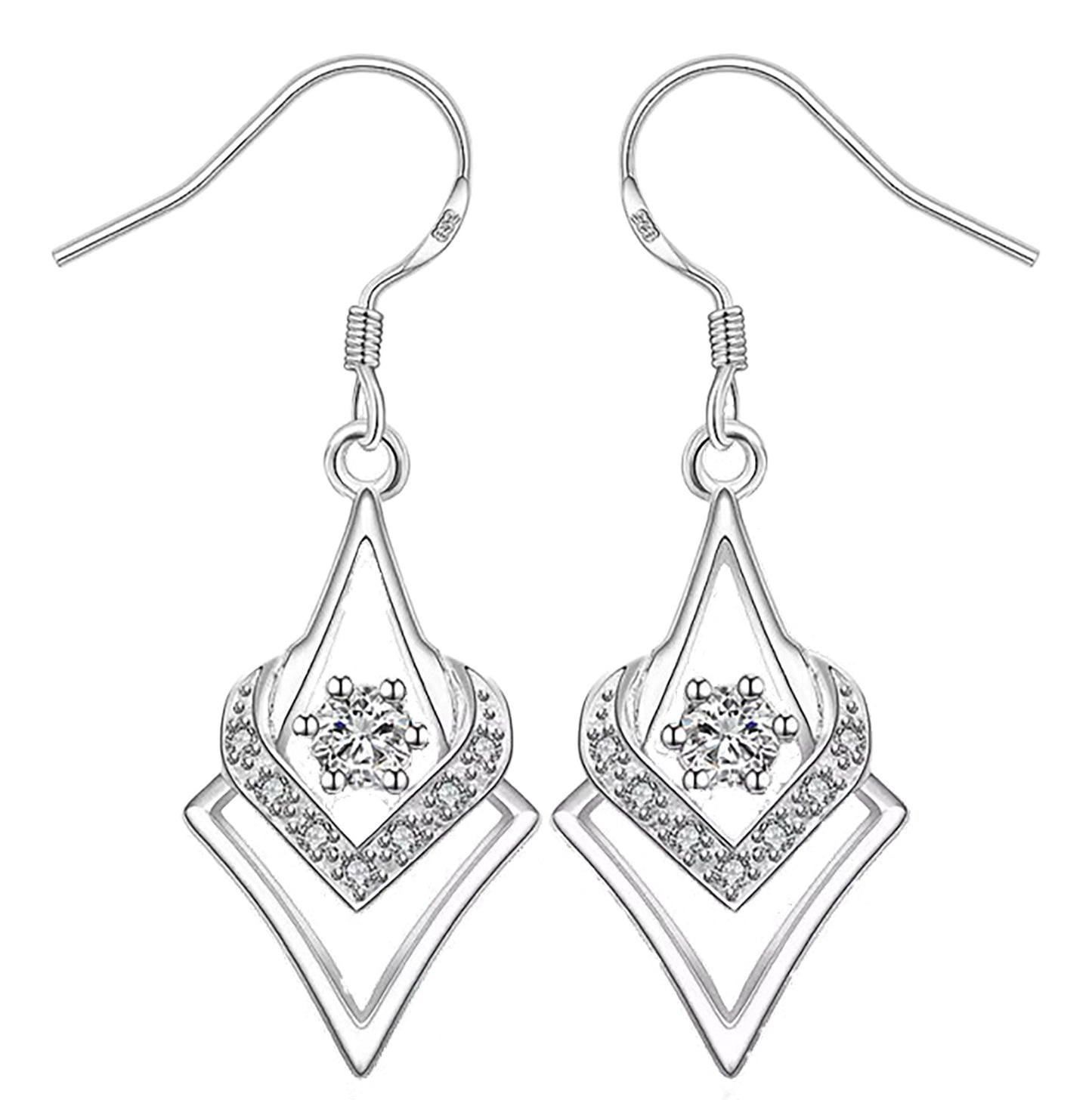 Sterling Silver Abstract Heart Design Cubic Zirconia Dangle Earrings – Elegant Romantic Gift for Her