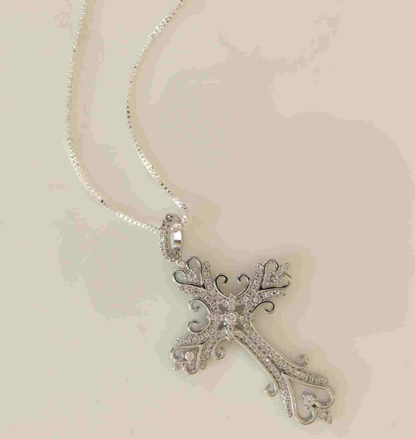 Sterling Silver Filigree Cross Pendant with Sparkling Cubic Zirconia – Elegant Religious Necklace for Women