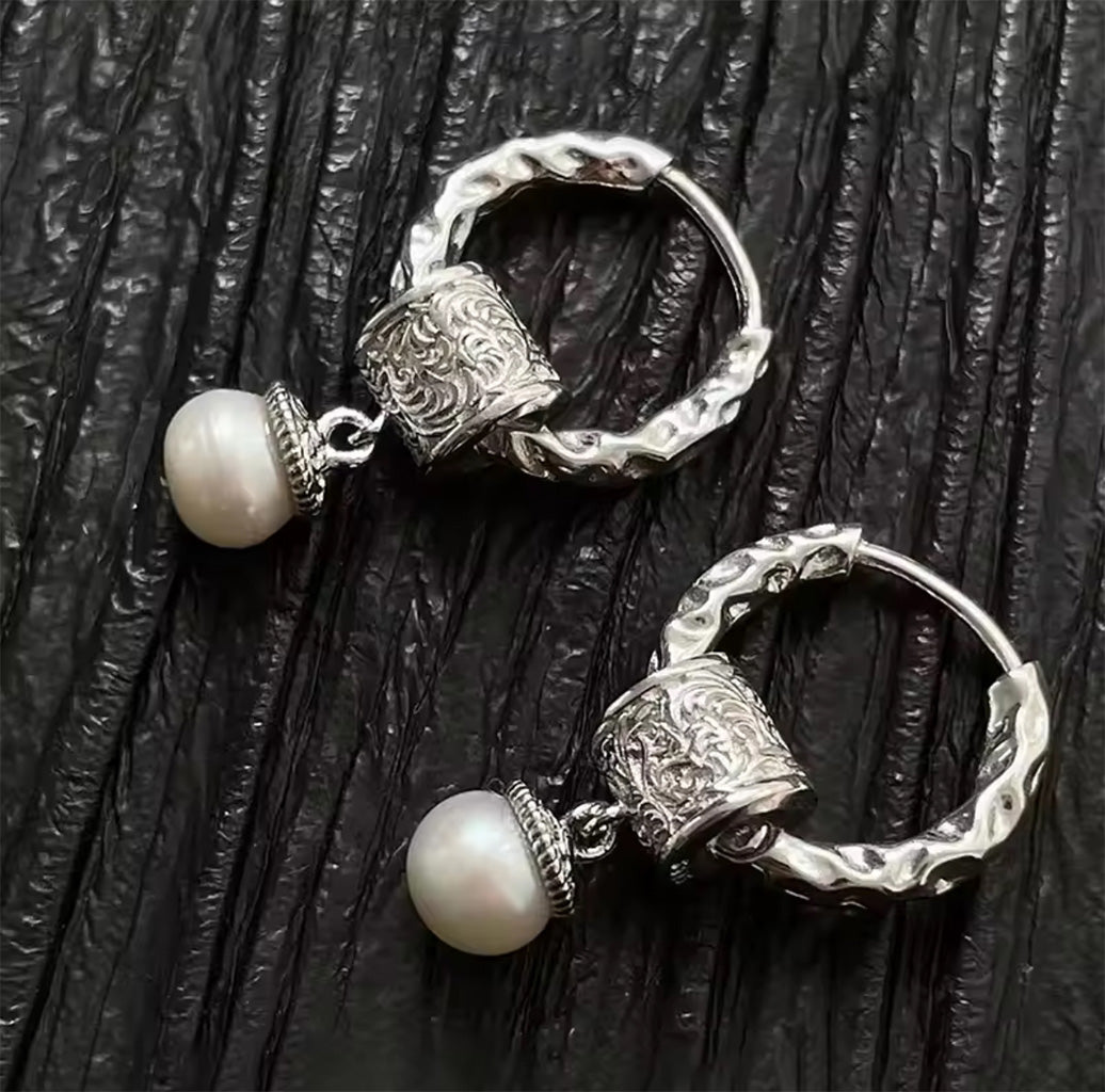 Trendy Sterling Silver Freshwater Pearl Hoop Earrings with Intricate Detailing and Removable Pearl Slider