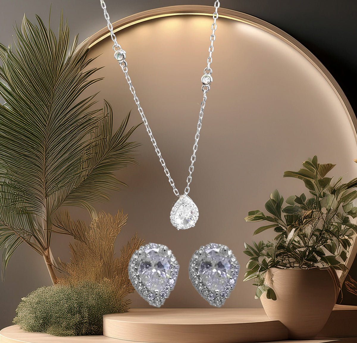 Sterling Silver Pear Shaped CZ with Two Round CZ Adorned on 18" Dainty Link Chain and Pear Shaped Earring Set