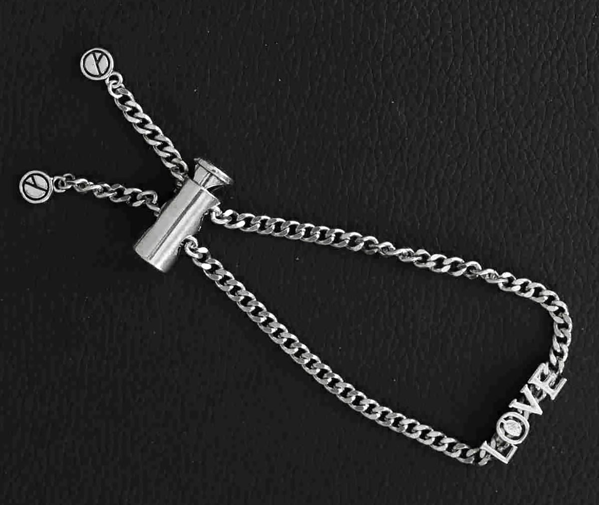 Handcrafted Sterling Silver Platinum Look Bracelet with Sliding Love Charm and Adjustable Cylinder Lock
