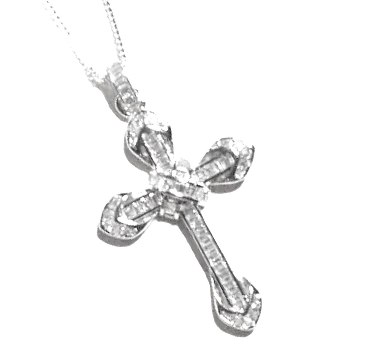 Timeless Sterling Silver Cross Pendant with Round and Baguette CZ- on Box Chain