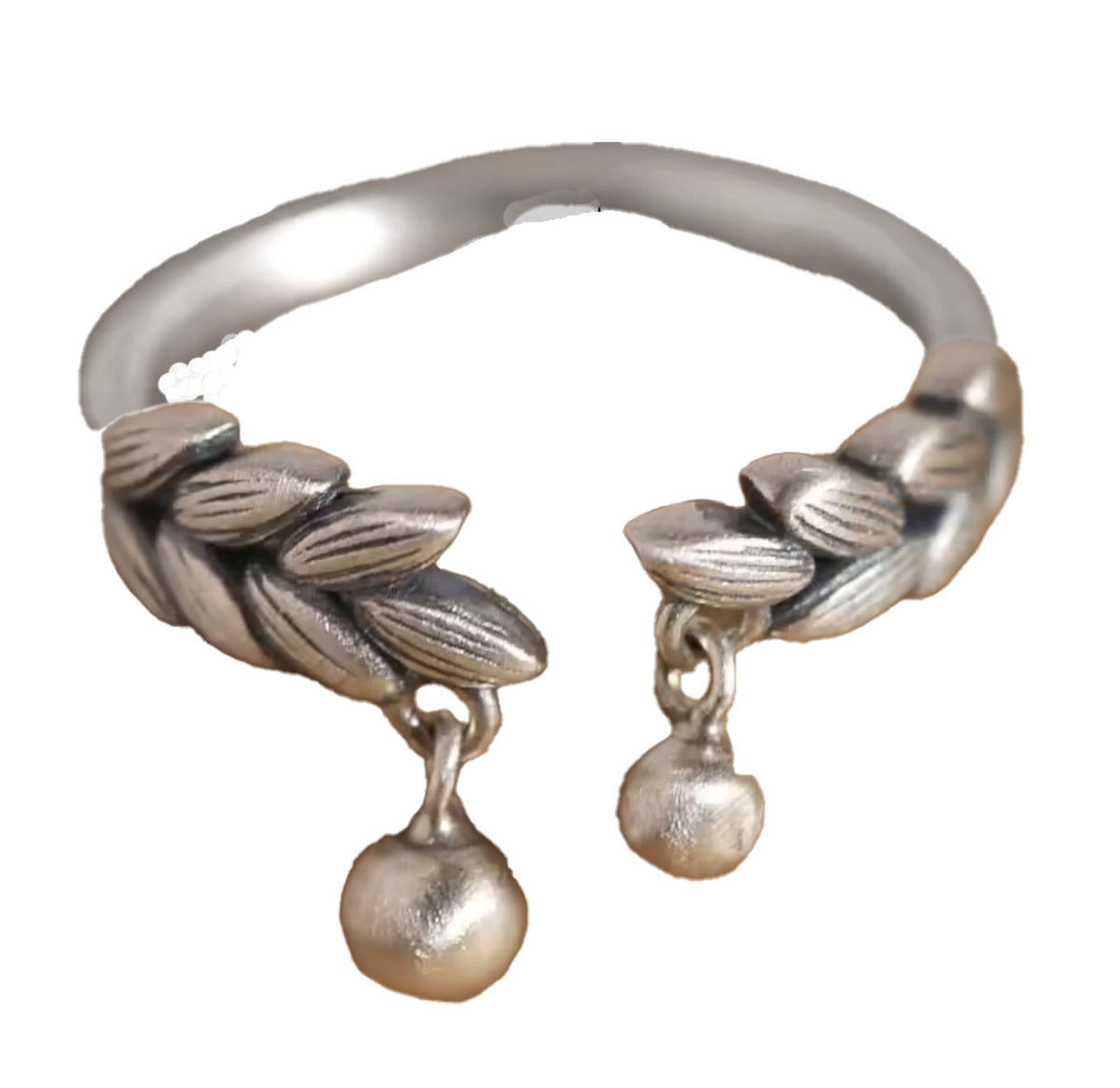 Whispers of Nature – Sterling Silver Leaf and Dangling Bead Charm Adjustable Ring