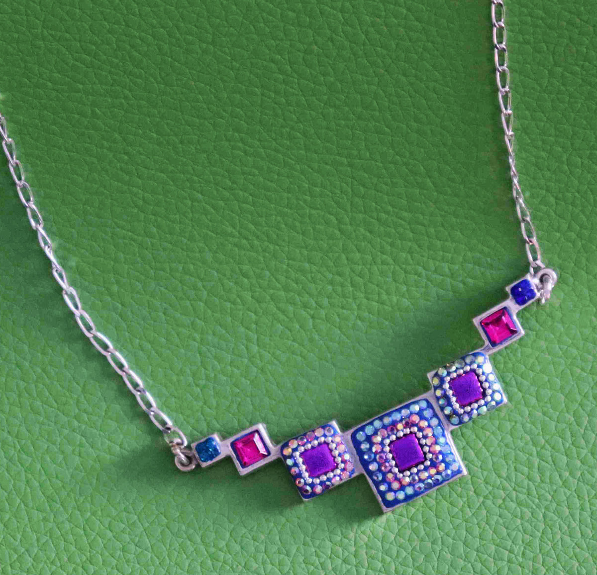Sparkling Symphony Multi-Synthetic Gemstone Sterling Silver Necklace with various Graduated Sizes of Square Blocks
