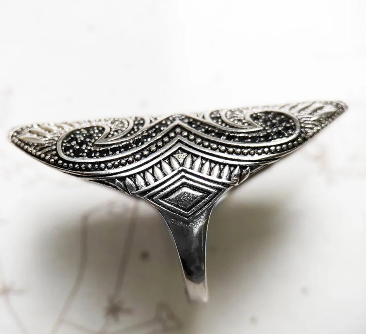 Sterling Silver Tattoo Inspired Oblong Shape Ring