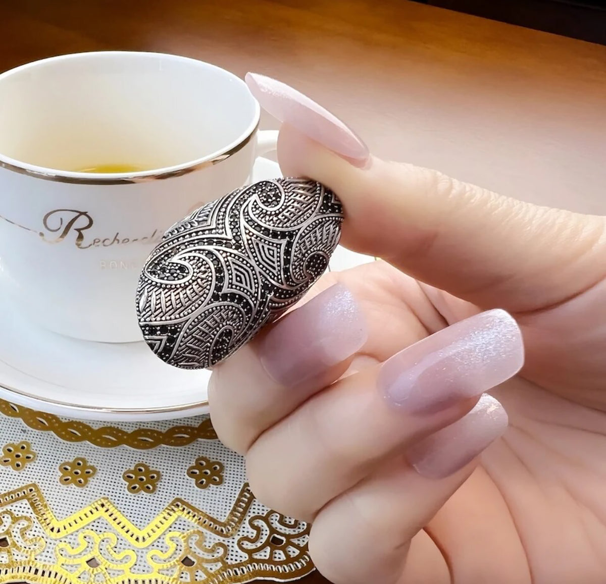 Sterling Silver Tattoo Inspired Oblong Shape Ring