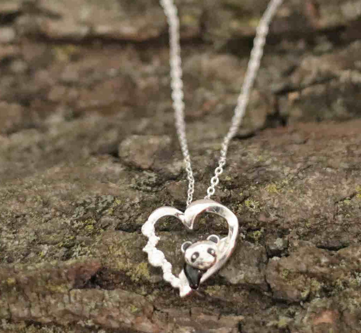 Sparkling Panda Love Sterling Silver Heart Pendant 18"