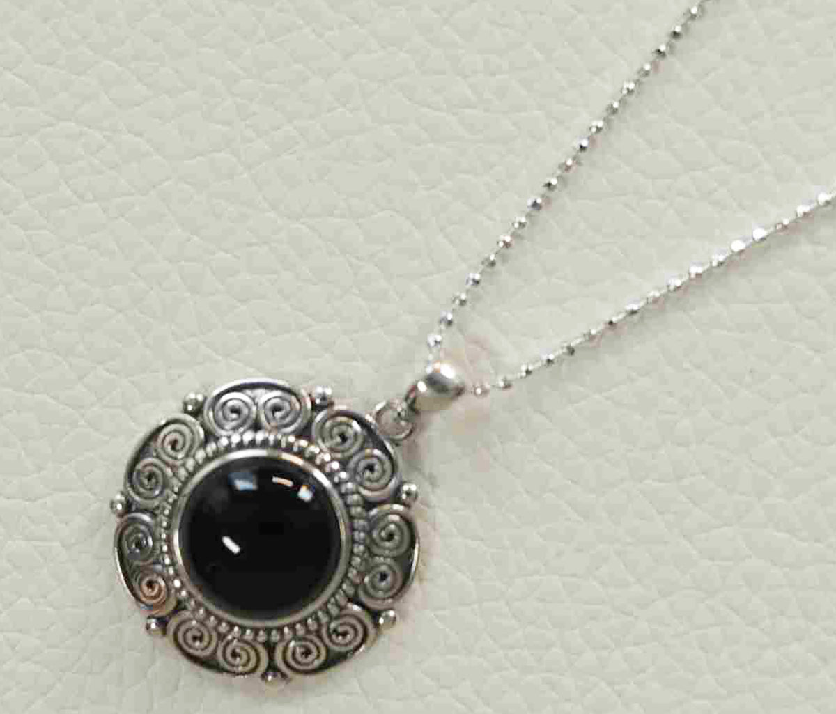 Sterling Silver Round Black Stone Pendant with Geometric Vintage Design and 18" Italian Diamond-Cut Ball Chain – Elegant Statement Necklace for Women