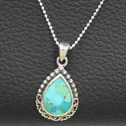 Sophisticated Aqua Blue Pear-Shaped Sterling Silver Vintage Pendant on Diamond-Cut Italian Ball Chain