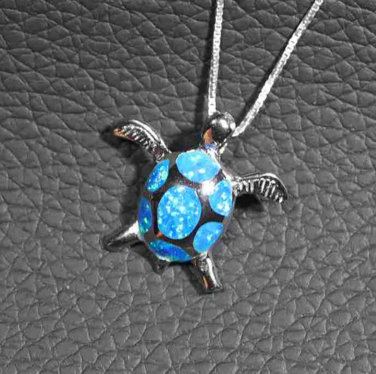 Timeless Sterling Silver Turtle Pendant with Shimmering Blue Opal on Italian Box Chain
