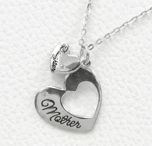 Elegant Sterling Silver Pendant with Mother and Daughter Hearts on 18" Curb Chain