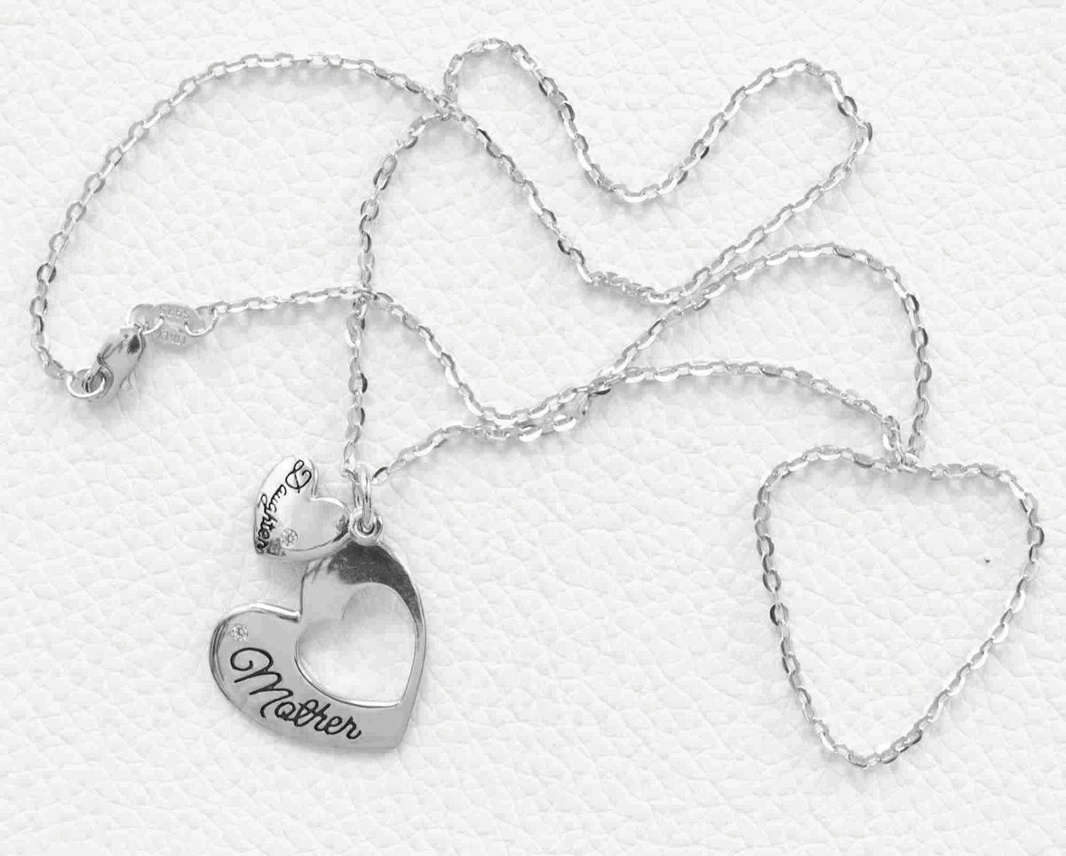 Elegant Sterling Silver Pendant with Mother and Daughter Hearts on 18" Curb Chain