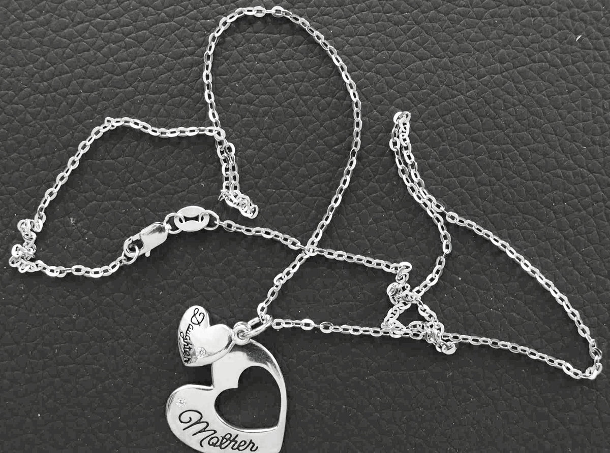 Elegant Sterling Silver Pendant with Mother and Daughter Hearts on 18" Curb Chain