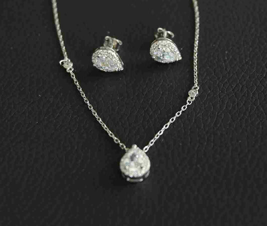 Sterling Silver Pear Shaped CZ with Two Round CZ Adorned on 18" Dainty Link Chain and Pear Shaped Earring Set