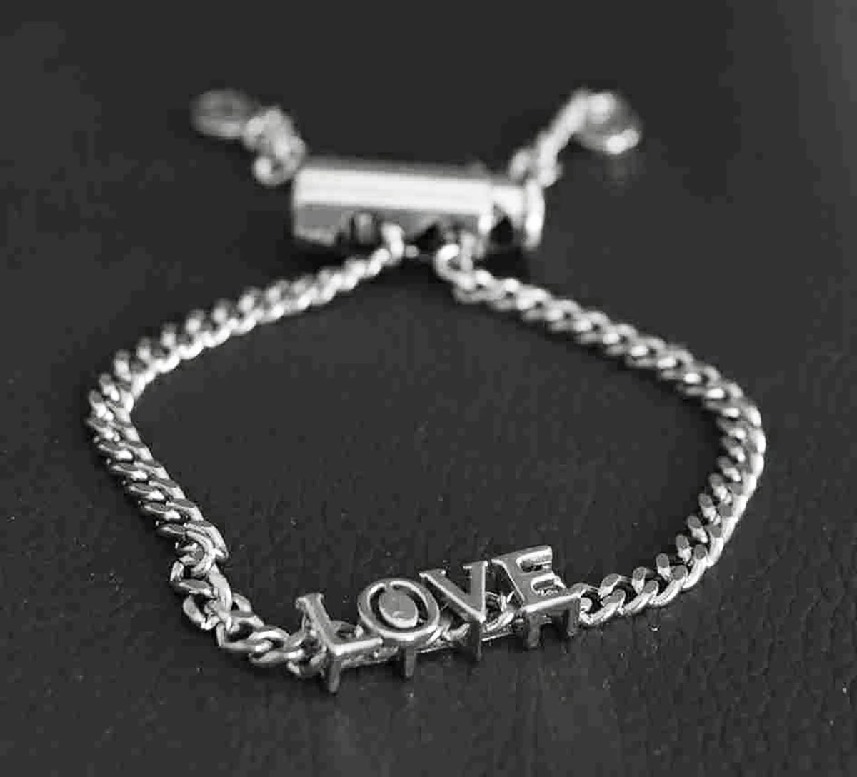 Handcrafted Sterling Silver Platinum Look Bracelet with Sliding Love Charm and Adjustable Cylinder Lock