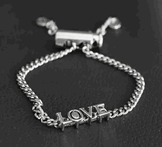 Handcrafted Sterling Silver Platinum Look Bracelet with Sliding Love Charm and Adjustable Cylinder Lock