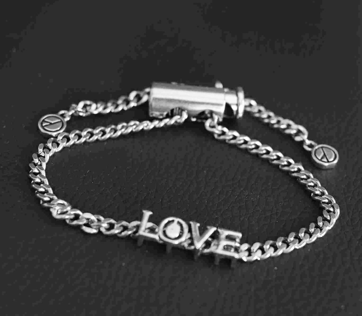 Handcrafted Sterling Silver Platinum Look Bracelet with Sliding Love Charm and Adjustable Cylinder Lock