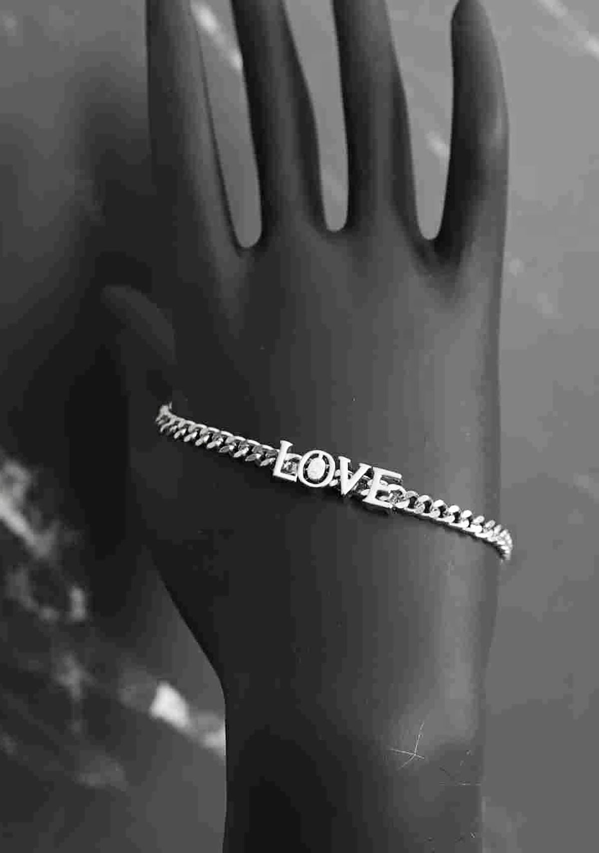 Handcrafted Sterling Silver Platinum Look Bracelet with Sliding Love Charm and Adjustable Cylinder Lock