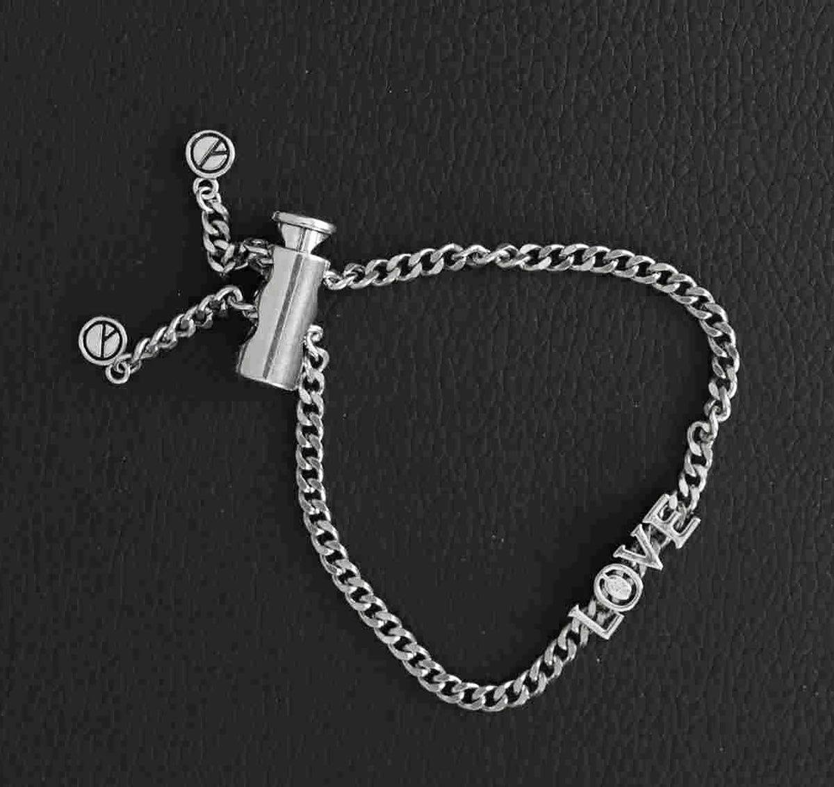 Handcrafted Sterling Silver Platinum Look Bracelet with Sliding Love Charm and Adjustable Cylinder Lock