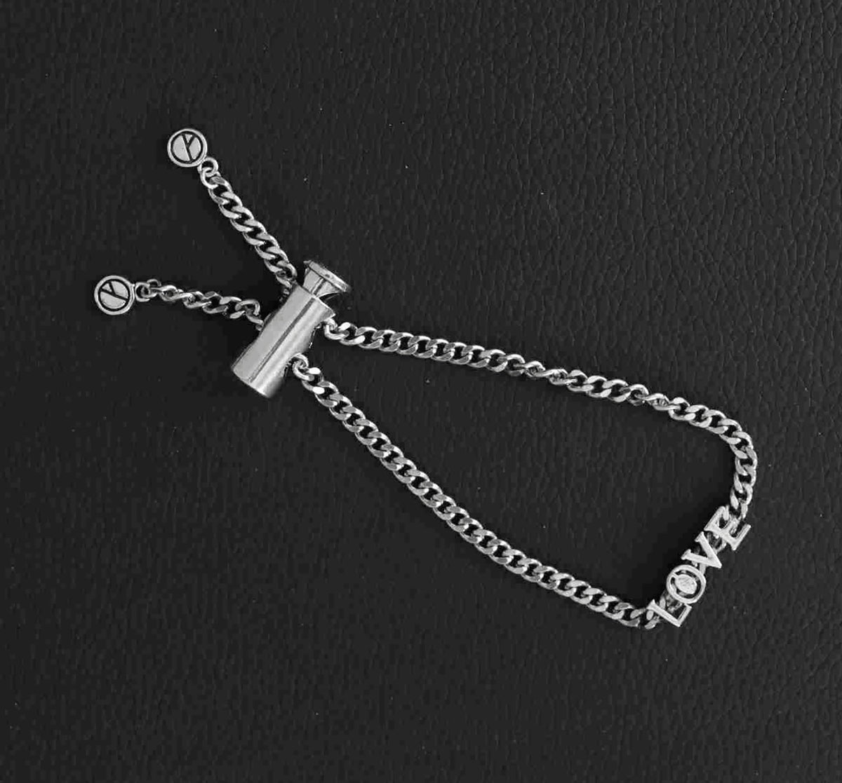 Handcrafted Sterling Silver Platinum Look Bracelet with Sliding Love Charm and Adjustable Cylinder Lock