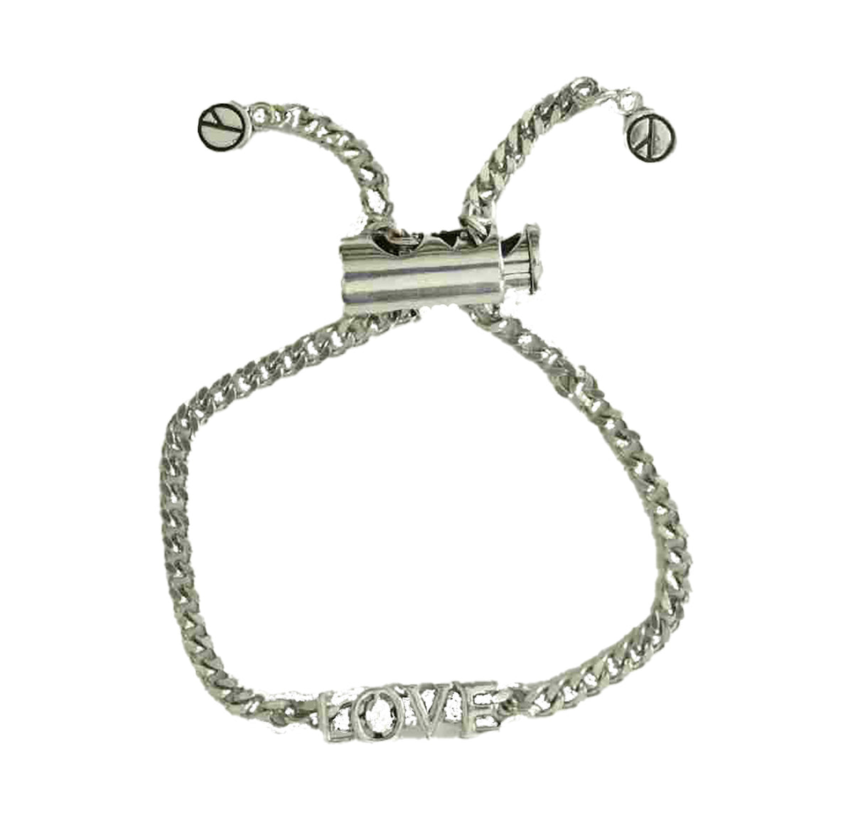 Handcrafted Sterling Silver Platinum Look Bracelet with Sliding Love Charm and Adjustable Cylinder Lock