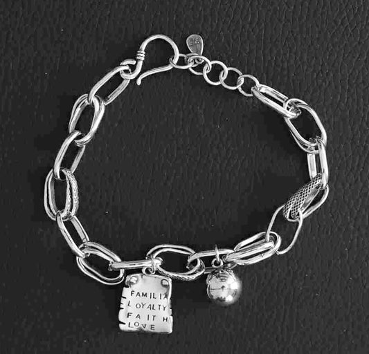 Stunning Sterling Silver Link Platinum Look Bracelet with Familial, Loyalty, Faith & Love Charm