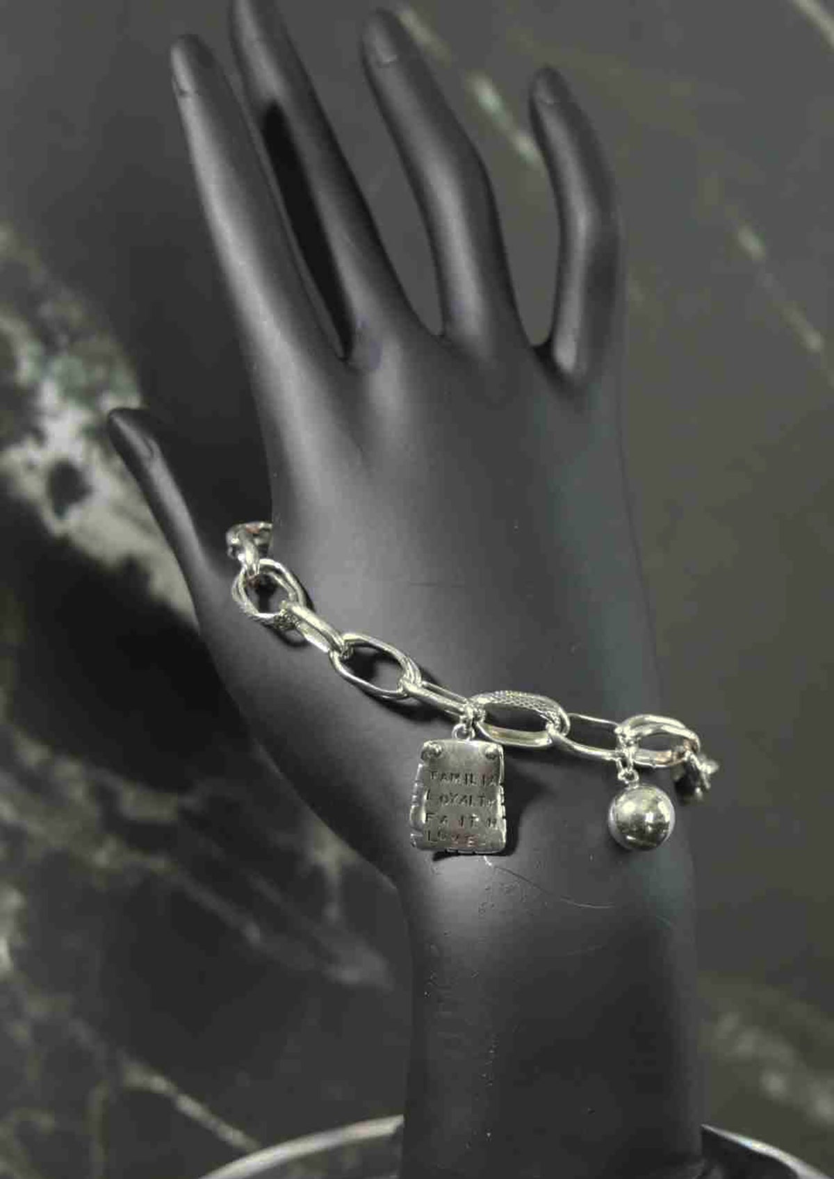 Stunning Sterling Silver Link Platinum Look Bracelet with Familial, Loyalty, Faith & Love Charm