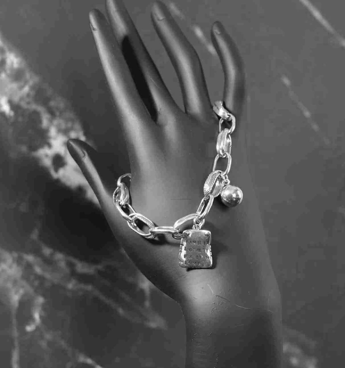 Stunning Sterling Silver Link Platinum Look Bracelet with Familial, Loyalty, Faith & Love Charm