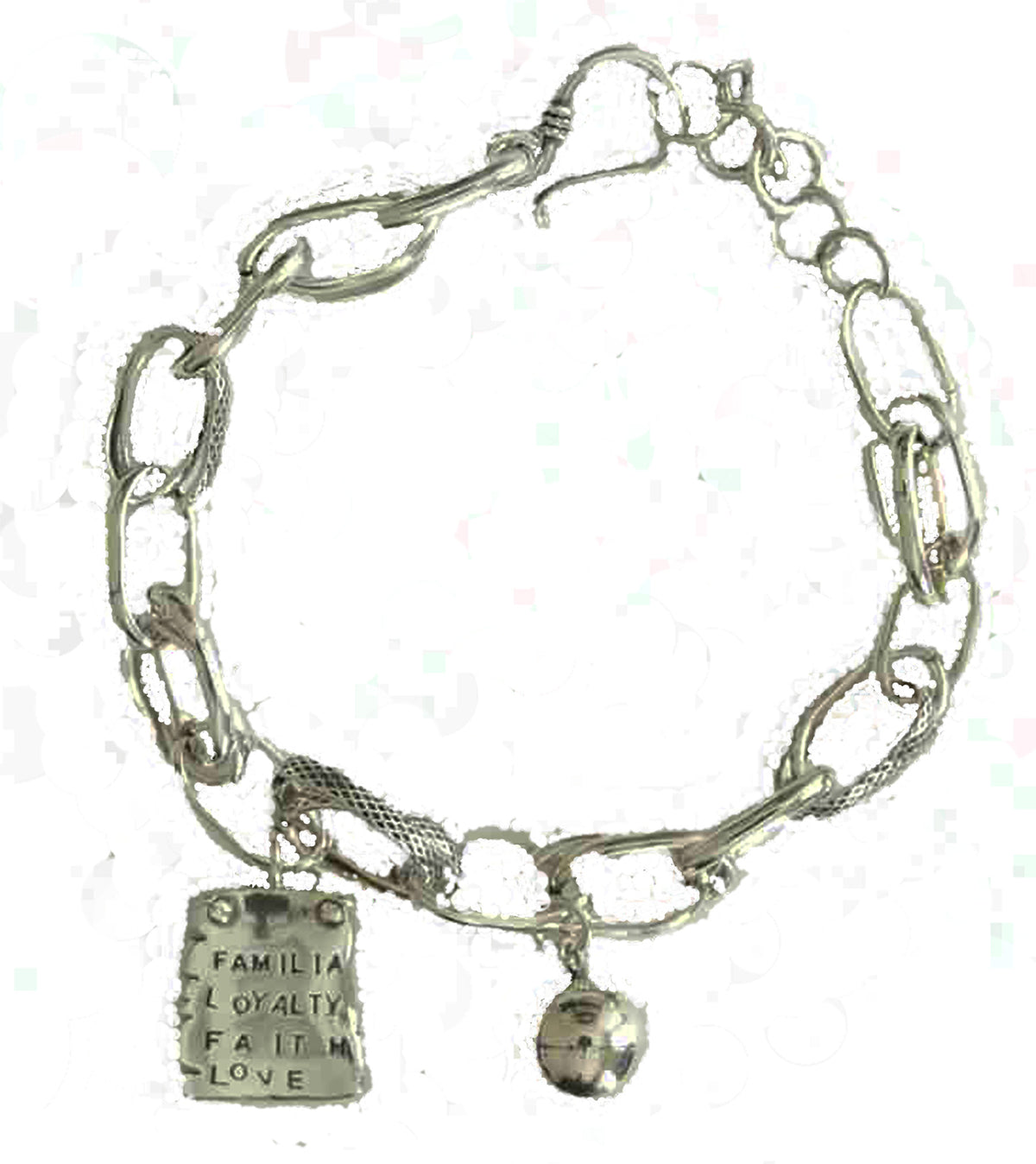 Stunning Sterling Silver Link Platinum Look Bracelet with Familial, Loyalty, Faith & Love Charm