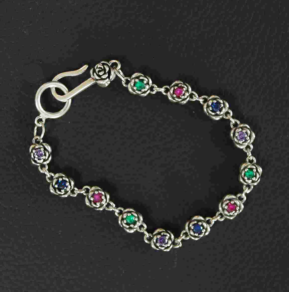 Floral Sterling Silver Bracelet with 3D Rose Link &amp; Color Stones