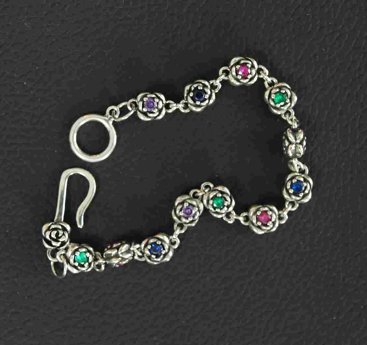 Floral Sterling Silver Bracelet with 3D Rose Link &amp; Color Stones