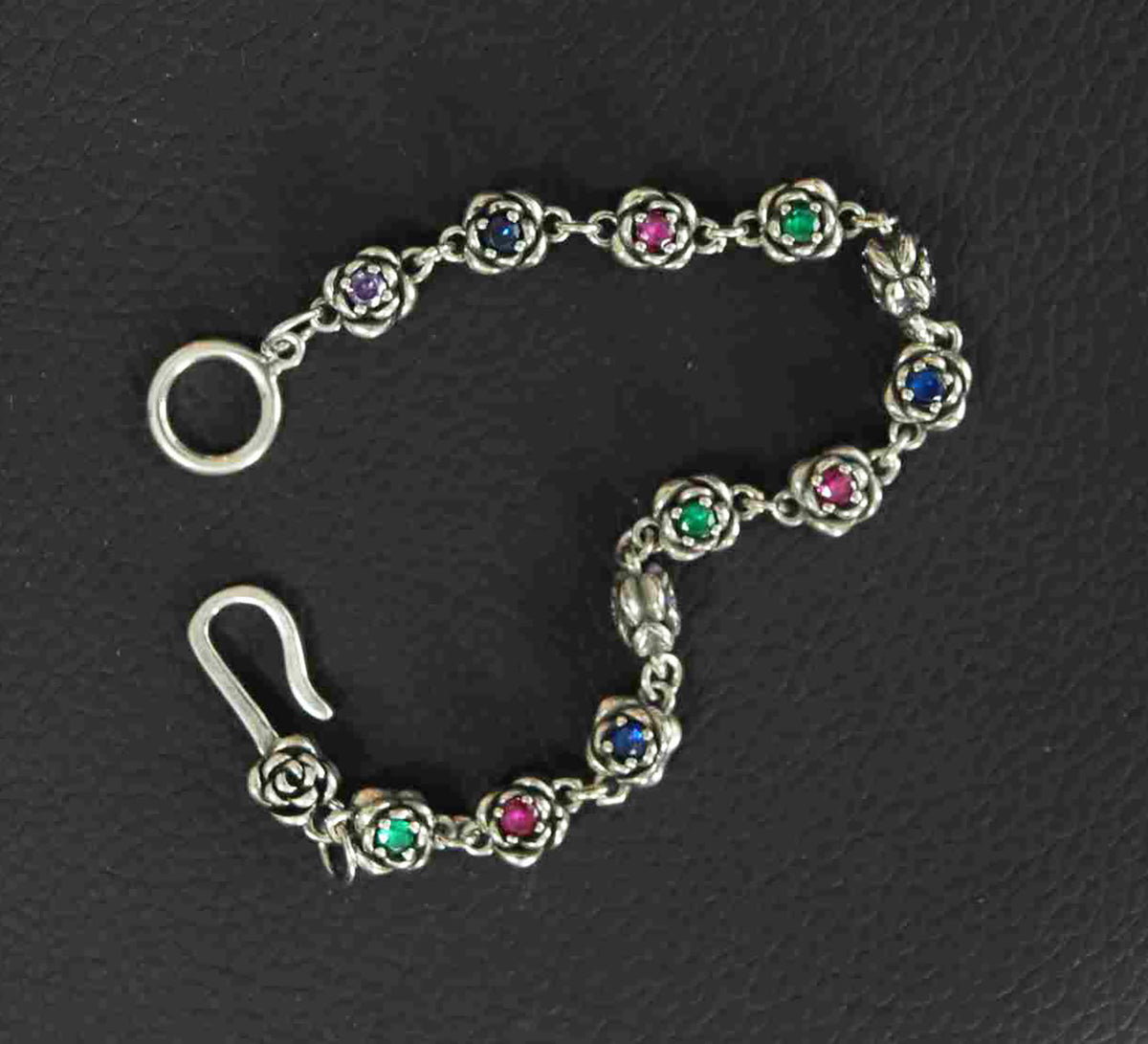 Floral Sterling Silver Bracelet with 3D Rose Link &amp; Color Stones