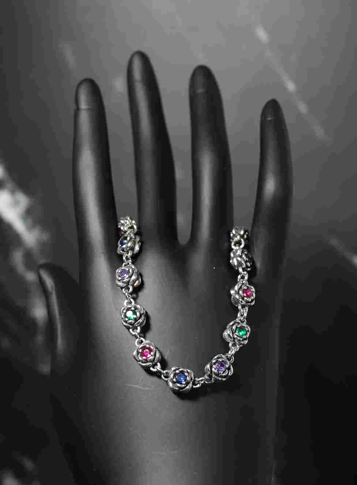 Floral Sterling Silver Bracelet with 3D Rose Link &amp; Color Stones