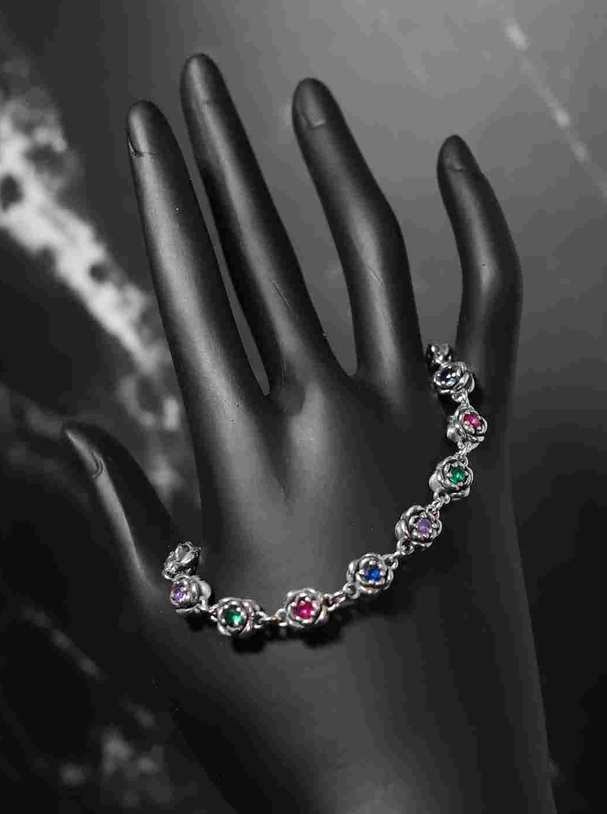 Floral Sterling Silver Bracelet with 3D Rose Link &amp; Color Stones