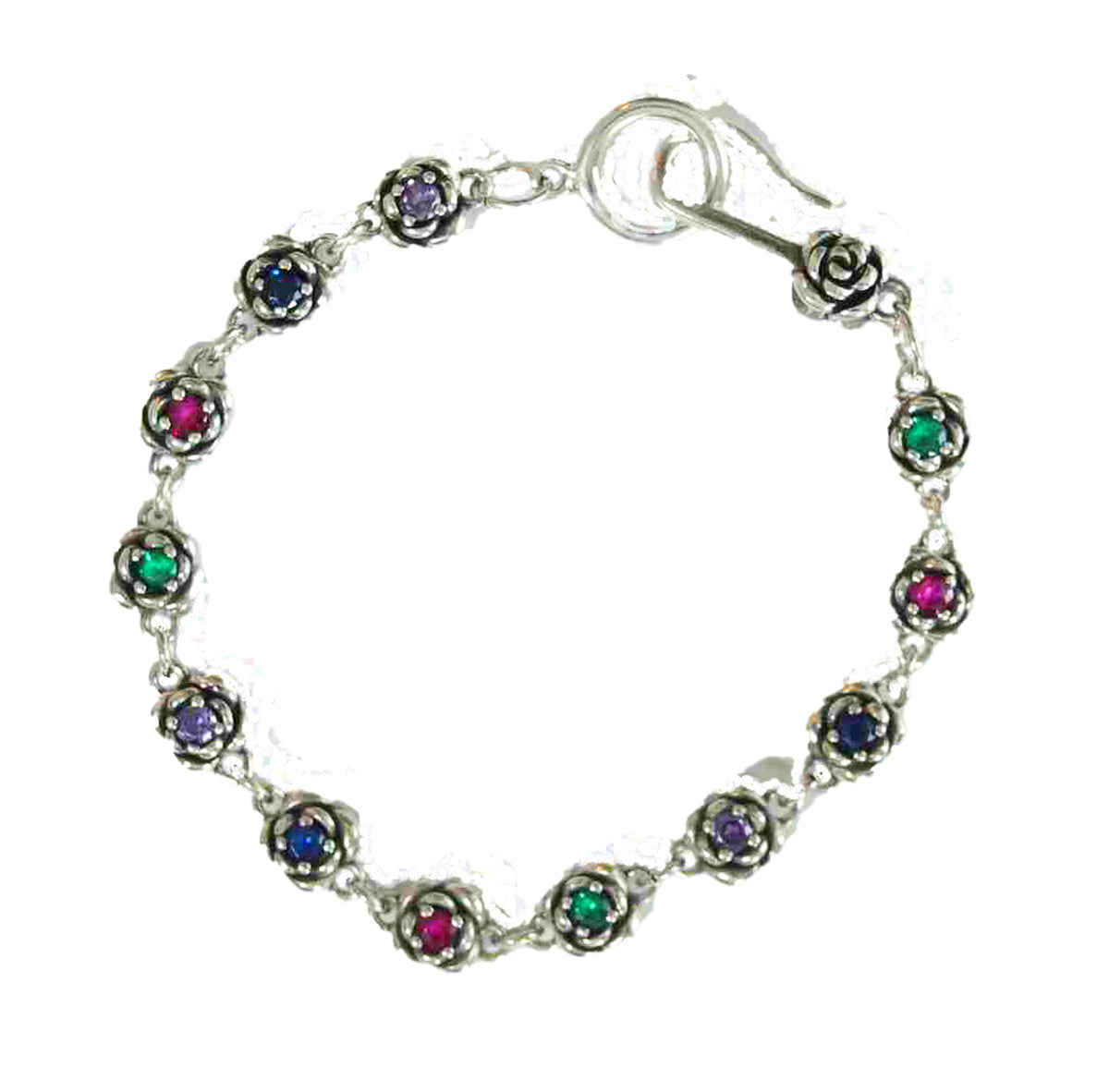 Floral Sterling Silver Bracelet with 3D Rose Link &amp; Color Stones