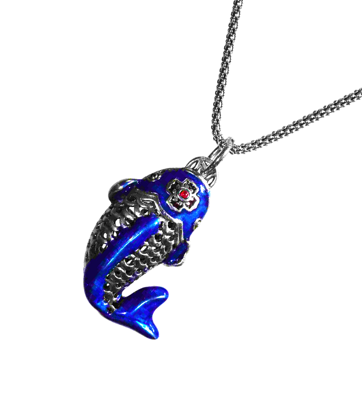 Waves of Serenity Sterling Silver Blue Enamel Koi Pendant - 18 inches
